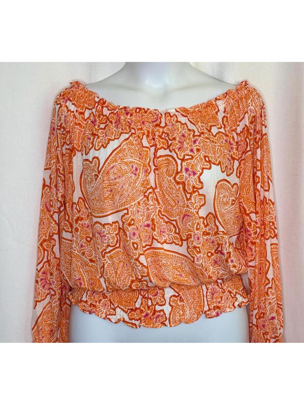 Michael Kors L Bohemian Style Long Sleeve Paisley Print Crop Top